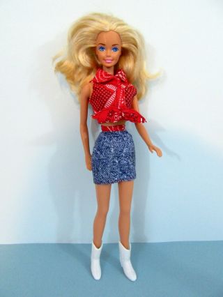 Vintage Barbie Clothes Bandanna Top Denim Skirt White Boots - Purple Tag