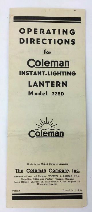 Vintage Operating Directions For Coleman Instant Lighting Lantern Model 228d
