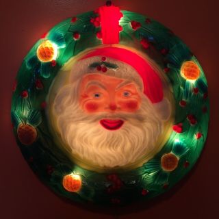 Vtg Noma Reverse Painted Lighted Hard Plastic Santa Wreath W/box 26” Rare