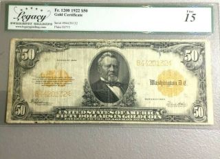 1922 $50 Gold Certificate Note Large FR 1200 Rare bill. 2
