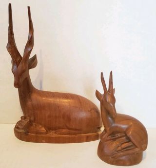 2 Vintage Mid Century Hand Carved Teak Wooden Antelope Gazelle Deer Figurines