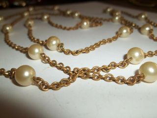 Vintage Long Gold Tone Chain & Pearl Bead Necklace 29 " Hanging Length