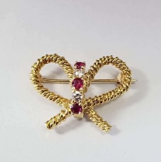 Rare Vintage Tiffany & Co.  18k Yellow Gold Diamond & Ruby Bow Pin Bowt2