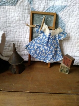 Vintage Wood & Tin Toy Washboard W/blue Doll Dress