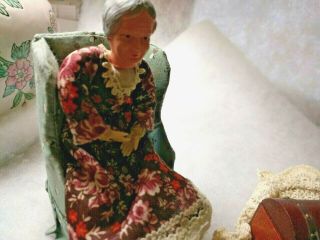 Dollhouse Miniatures ; Grandmother Doll In Armchair,  And Wooden Trunk