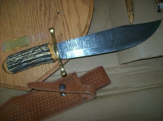 Extremely Rare Case Xx Large Damascus Stag Bowie Knife W Wall Plaque Display