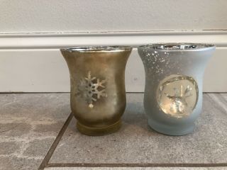 2 Vintage Mercury Silver Glass Tea Lights Small Votive Winter Candle Holders