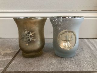 2 Vintage Mercury Silver Glass Tea Lights Small Votive Winter Candle Holders 2