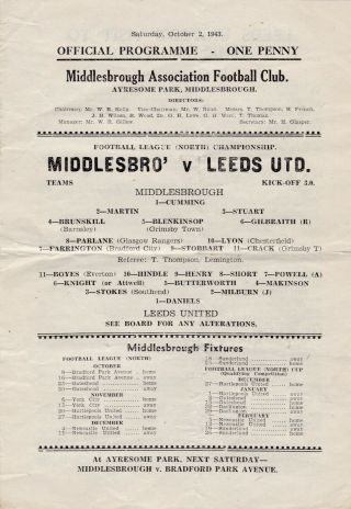 Rare Official Middlesbrough V Leeds United 1943 Wartime League North Programme