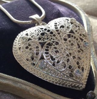 Vintage Antique Style Jewellery Silver Tone Filigree Puffy Crystal Heart Pendant