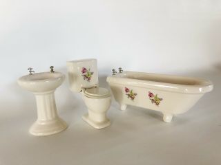 Vintage Dollhouse Porcelain Bathroom / Furniture Toilet Bathtub Sink Tub Floral
