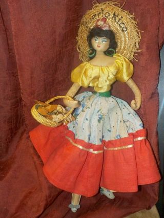 Vintage Puerto Rican Doll From 1950s Or 1960s Straw Hat Silk Bouse High Heel 12 "