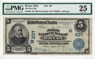 $5 1902 Db " Date Back " First National Bryan Ohio Oh " Mega Rare " Discovery Note