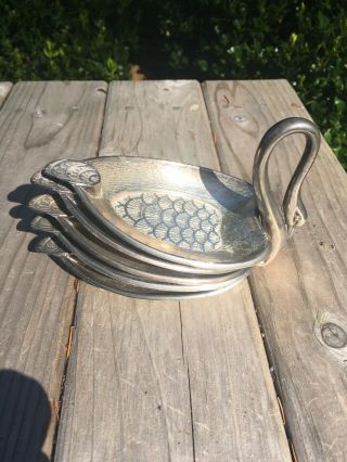 Vintage Set Of 5 Stacking Metal Ash Trays With A Swan Head Base.