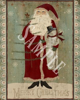 Primitive Christmas Belsnickle Santa Folk Art Feather Tree Snowman Print 8x10