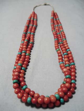 Very Rare Vintage Navajo Rounded Green Turquoise Coral Necklace Old