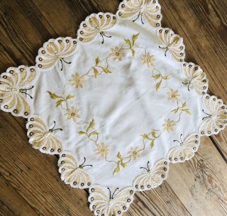 Vintage Cream Gold Embroidered Linen.  Butterfly Small Tablecloth/ Large Doily