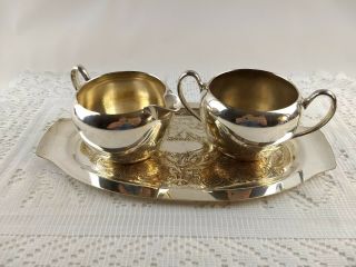 Vintage Trent Silver On Copper Sugar Bowl And Creamer On Tray 3 Pc Set
