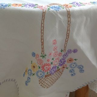 Vintage Hand Embroidered Small Square Tablecloth 34 X 34” Pretty Flower Baskets