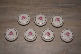7 Vintage Pair Porcelain Cabinet Knobs Drawer Pulls Pink Rose And Gold Trim