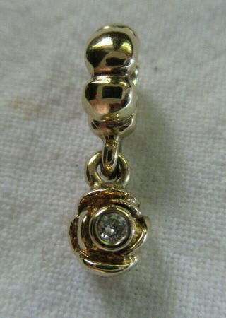 Rare Authentic Pandora 14k Yellow Gold With Diamond Rose Dangle Bead Charm