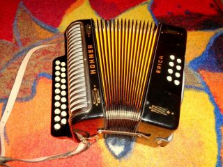 Black Rare Made In Germany Diatonic Accordion Hohner Erica A/d Top Straps