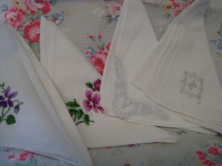 4 Vintage Cotton Handkerchiefs - Embroidered Design And Initials