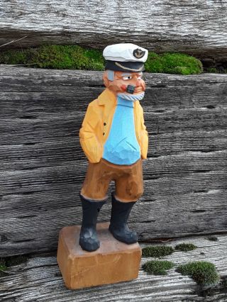 Vintage Boat Captain Hand Carved Folk Art Figure Wood Sailor Captain 8 " Tall