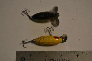 Vintage Fred Arbogast Yellow Hula Dancer And Green Perch Jitterbug Lure Great