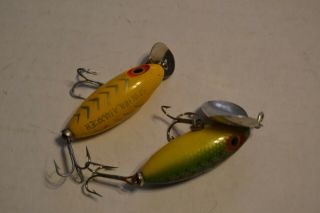 Vintage Fred Arbogast Yellow Hula Dancer and Green Perch Jitterbug Lure Great 2