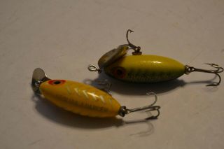 Vintage Fred Arbogast Yellow Hula Dancer and Green Perch Jitterbug Lure Great 3