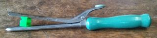 Antique Vintage Curling Iron Green Wooden Handle With Bakelite Thumb Button
