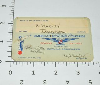 1941 1942 American Bowling Congress Membership Card Industrial League Pledge