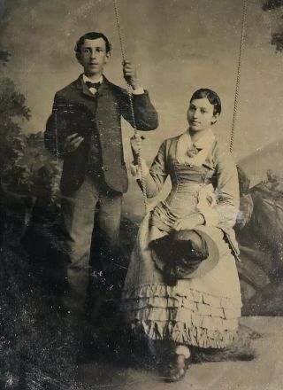 Antique Young Man With Lady On Swing Tintype Victorian Era Photo