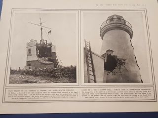Antique Print Wwi German Navy Raid Damage To Whitby & Scarborough Lighthouse