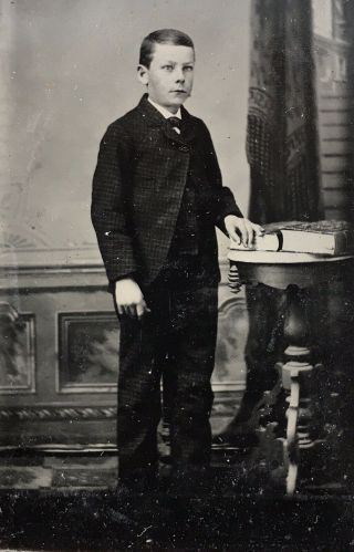 Antique American Young Lad School Boy In Suit Books Tintype Photo