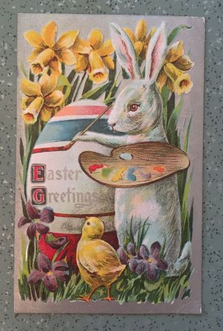 Antique Postcard Easter Bunny Artist Painting Egg Palette Silver Foil Daffodils