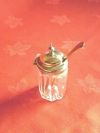 Vintage Silver Plate & Glass Mustard Pot With Hinged Lid And Spoon