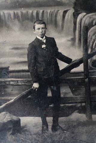 Antique American School Boy At The Falls Niagara Tintype Photo