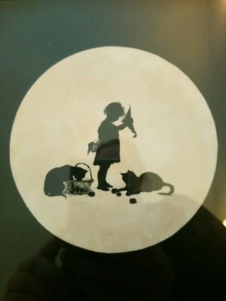 Vintage Silhouette Pictures In Frame With Glass Cats Child Playing Old Kitsch