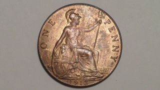 1913 Penny.  F176.  Nunc.  Lustrous.  Ext.  Rare Thus.  George V.  1911 - 1936.  British
