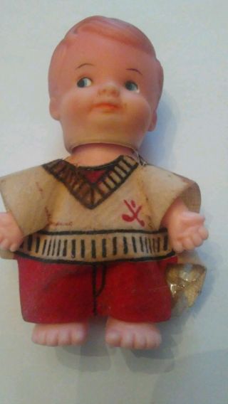 Vintage 3 1/2 Inch Baby Peewee Doll By Uneeda Doll,  1966,  Boy Indian Outfit