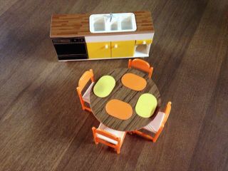 Vintage Tomy Doll House Furniture Kitchen Sink,  Table,  4 Chairs,  4 Placemats