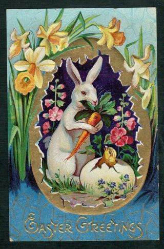 Bunny Rabbit In Egg With Flowers Antique Embossed Easter Postcard - K803