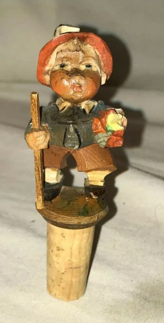 Vintage Hand Carved Wooden Cork Figure Of Boy - Wine Bottle Stopper - Italian