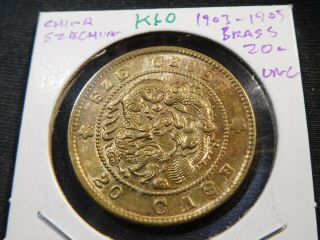 K60 China Szechuan 1903 - 1905 Brass 20 Cash Unc Rare Old Cleaned