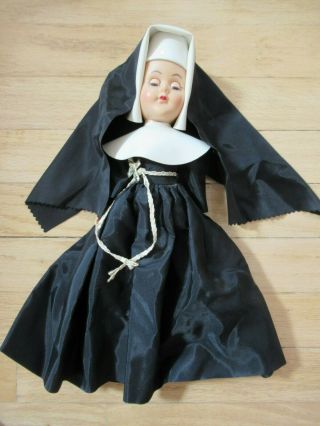 Vintage 1960s Nun Doll Hard Plastic In Black Habit Blue Eyes Open And Close