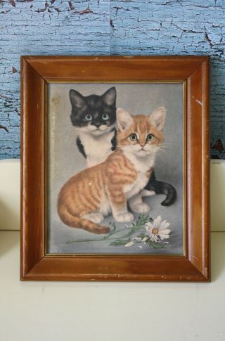 Vintage Kittens Print 1960s Girard Goodenow Lithograph Framed Shabby