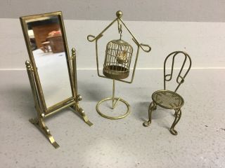 Vintage Doll House Brass Furniture: Standing Mirror,  Hanging Bird Cage,  Chair