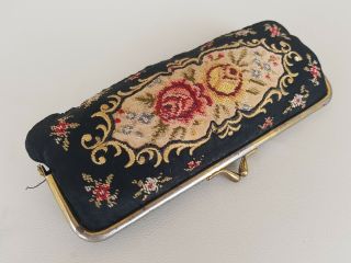 Vintage Tapestry Needlepoint Victorian Glasses Case Black Roses Hand Stitched